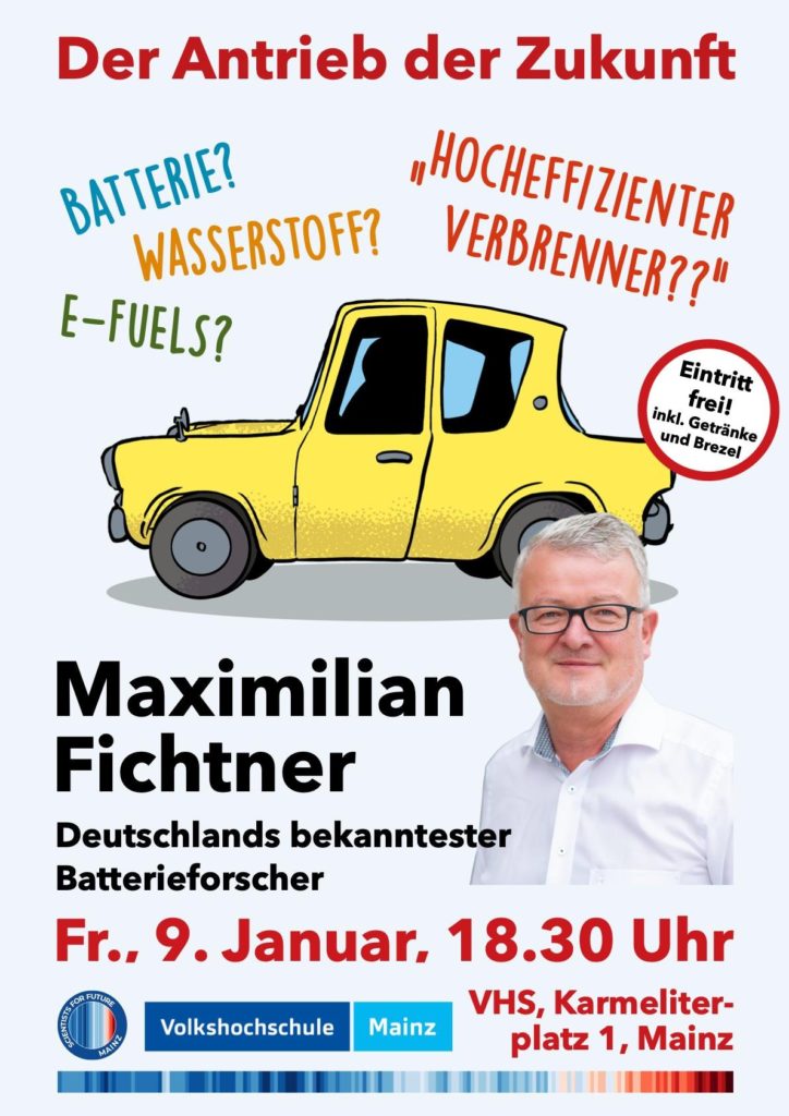 SHAREPIC: "9. Januar 2026, 18:30 Uhr, Volkshochschule Mainz: Antrieb der Zukunft: Batterie, Wasserstoff, E-Fuels? mit Prof. Max Fichtner"