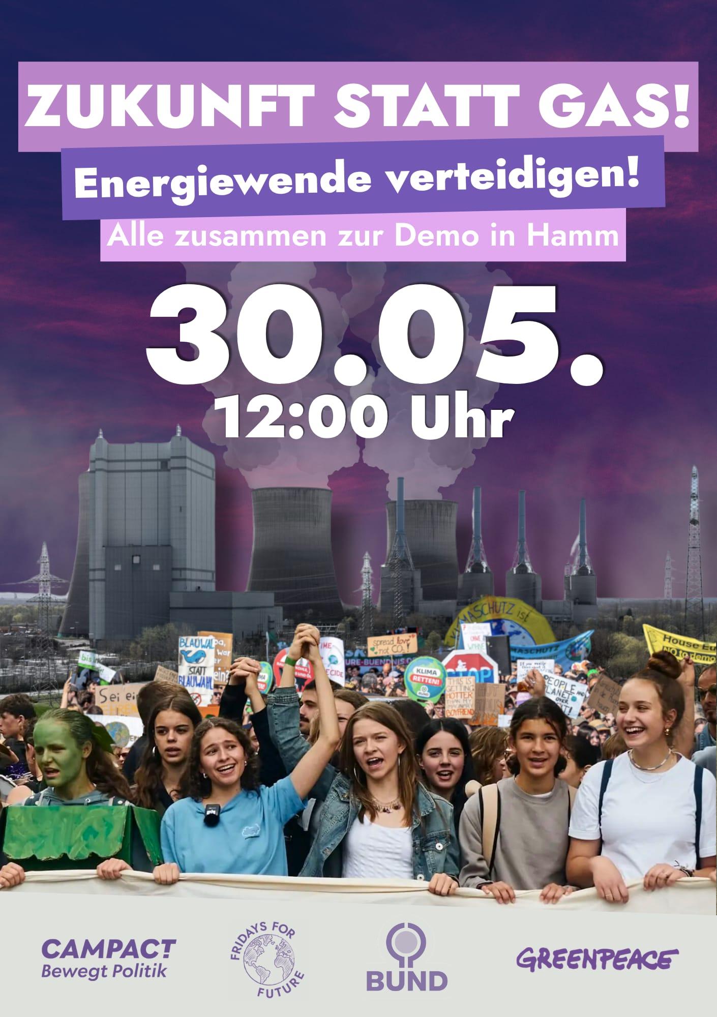 Demo-Plakat mit qualmenden Kraftwerken im Hintergrund und demonstrierenden Menschen im Vordergrund
