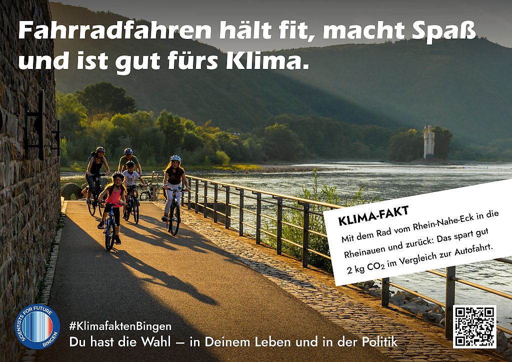 Fahrradfahren hält fit, macht Spaß und ist gut fürs Klima. KLIMA-FAKT Mit dem Rad vom Rhein-Nahe-Eck in die Rheinauen und zurück: Das spart gut 2 kg CO2 im Vergleich zur Autofahrt. #KlimafaktenBingen - Du hast die Wahl – in Deinem Leben und in der Politik!