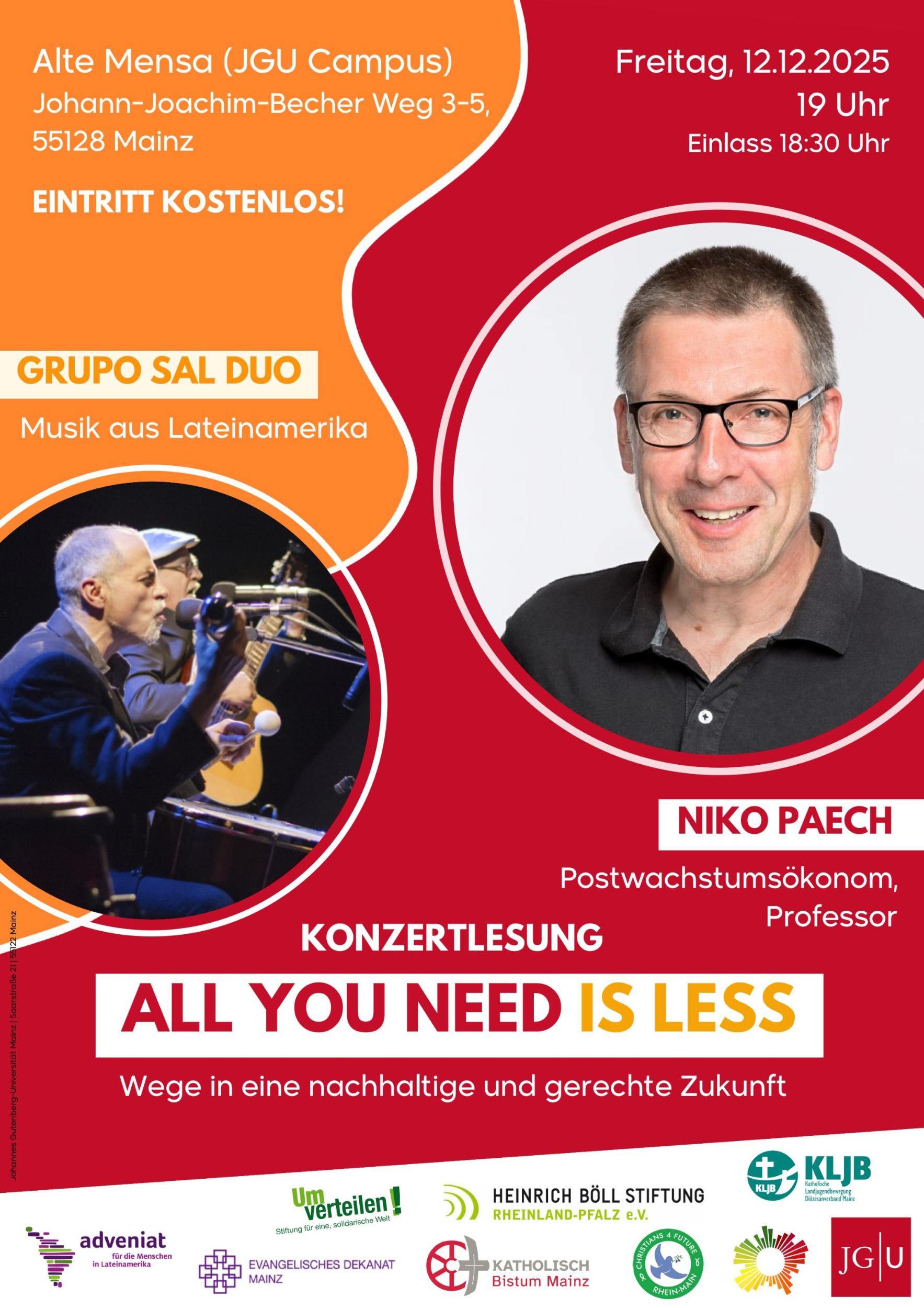 SHAREPIC: "12. Dezember 2025, "Alte Mensa", Universität Mainz: All you need is less – Wege in eine nachhaltige und gerechte Zukunft (Konzertlesung mit Postwachstumsökonom Niko Peach und Grupo Sal)"